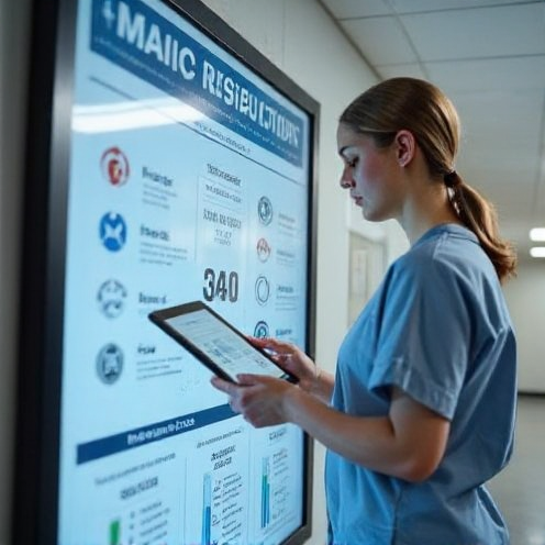 Hospital hallway screen with directions and patient info