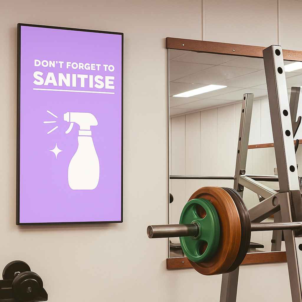 Network of gym screens across cardio, strength, studios and café