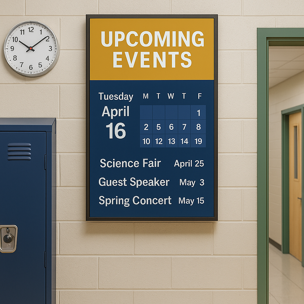 Campus digital signage showing real-time safety alerts and schedule updates