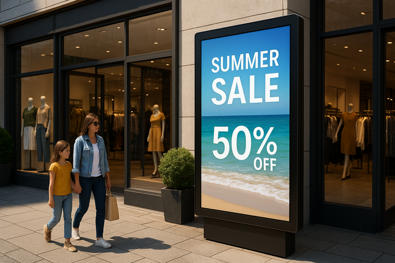 A dynamic outdoor digital signage display showing reactive content, with AI algorithms influencing the visuals based on real-time data.