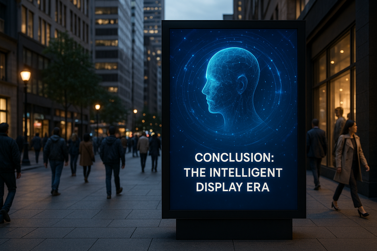 An artistic representation of a city skyline with intelligent digital displays, symbolising the intelligent display era and the future of outdoor digital signage.