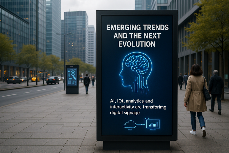 A futuristic outdoor digital signage display interacting with augmented reality elements, symbolising emerging trends and next evolution of AI in digital signage.