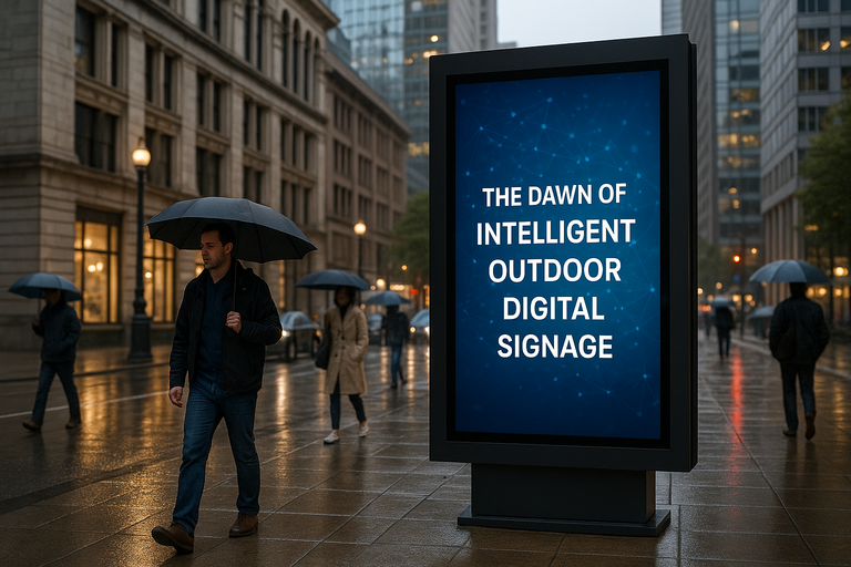 AI-powered outdoor digital signage illuminating a smart city