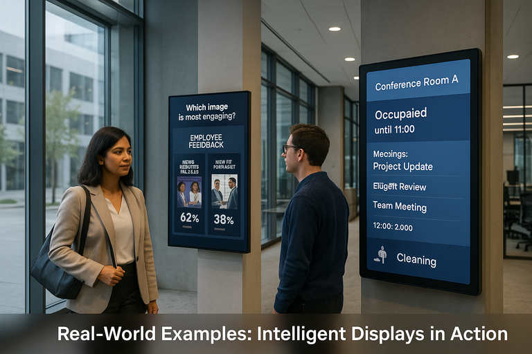 Teams collaborating with a large workplace display