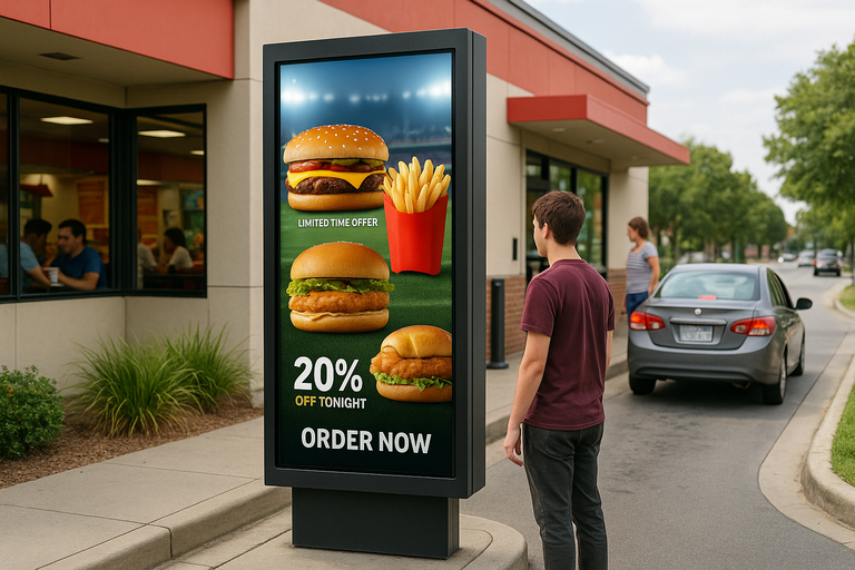 A cityscape with prominent outdoor digital signage displays showing dynamic content, highlighting Australian real-world applications.