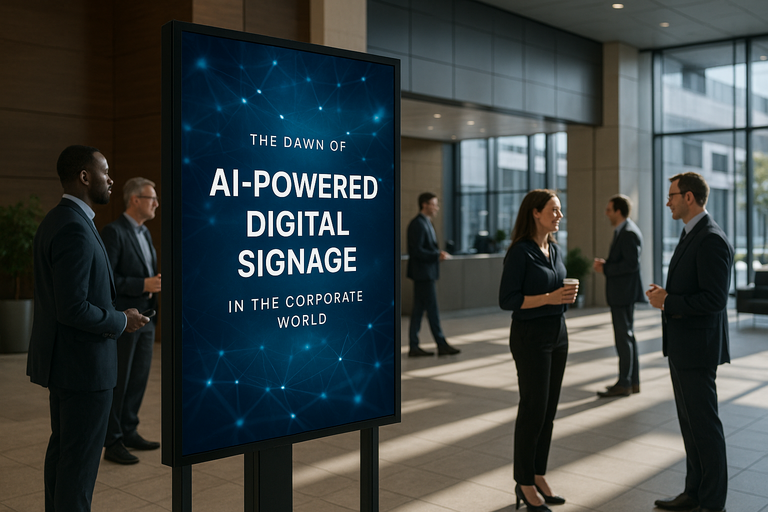 AI-powered displays in modern corporate lobby