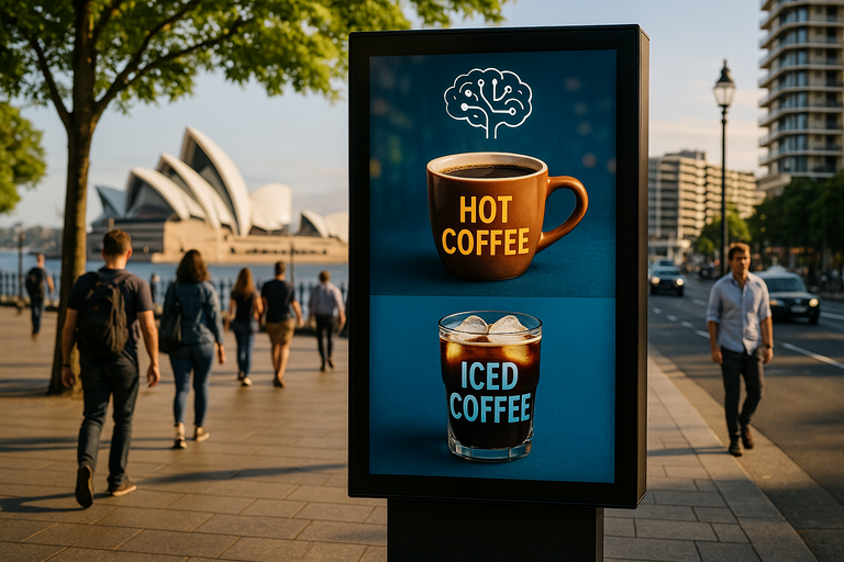 An outdoor digital signage display showcasing vibrant content in a city environment at dawn, powered by AI.
