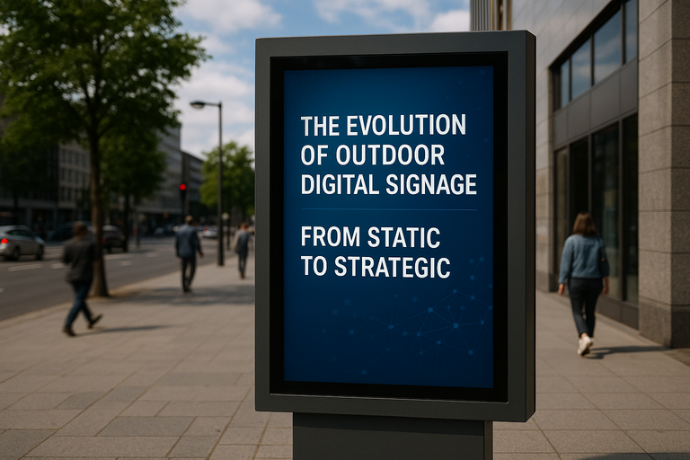 Evolution of outdoor digital signage showing a progression from static billboards to intelligent, interactive displays