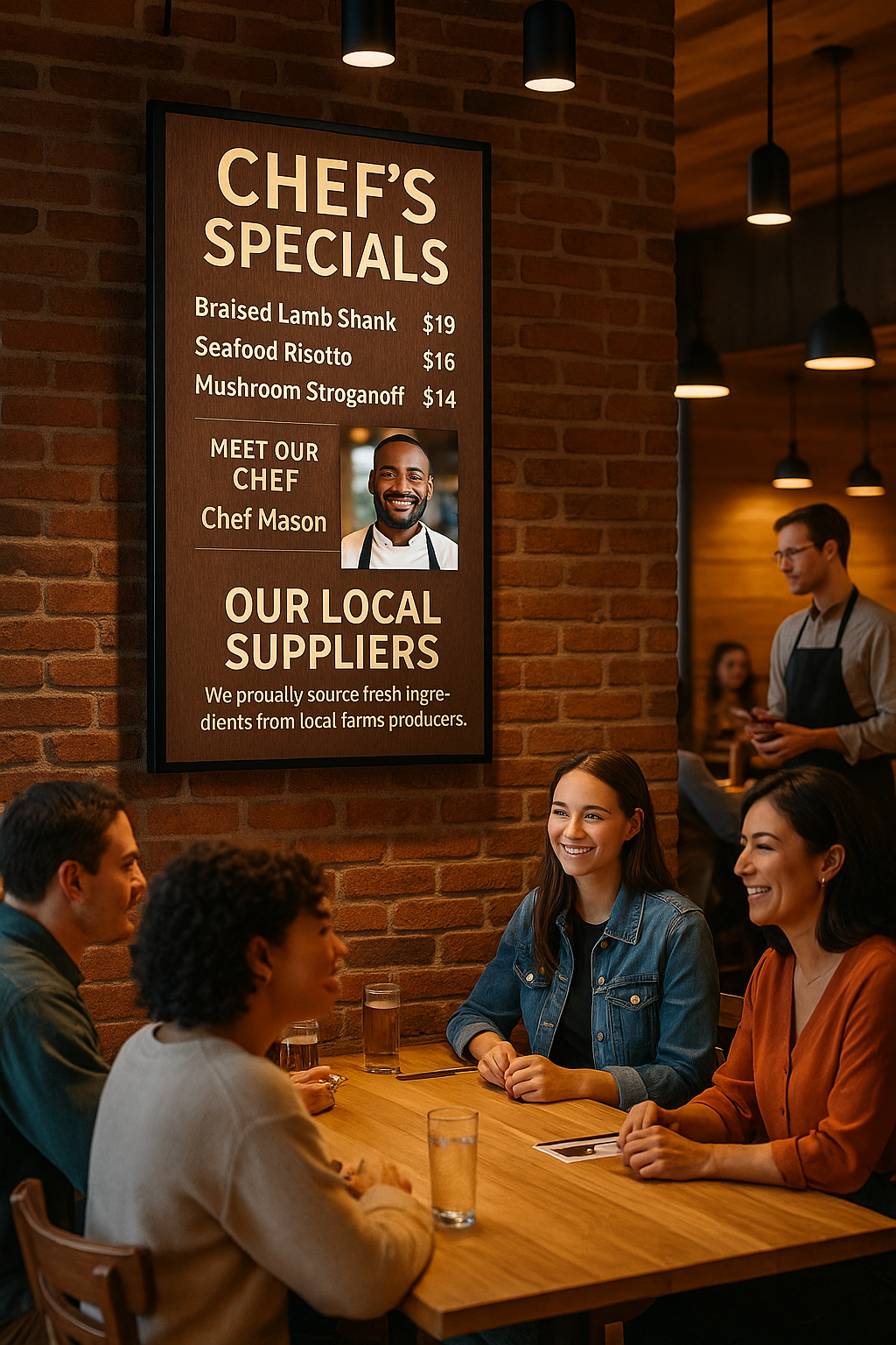 Restaurant signage showing chef specials and brand storytelling