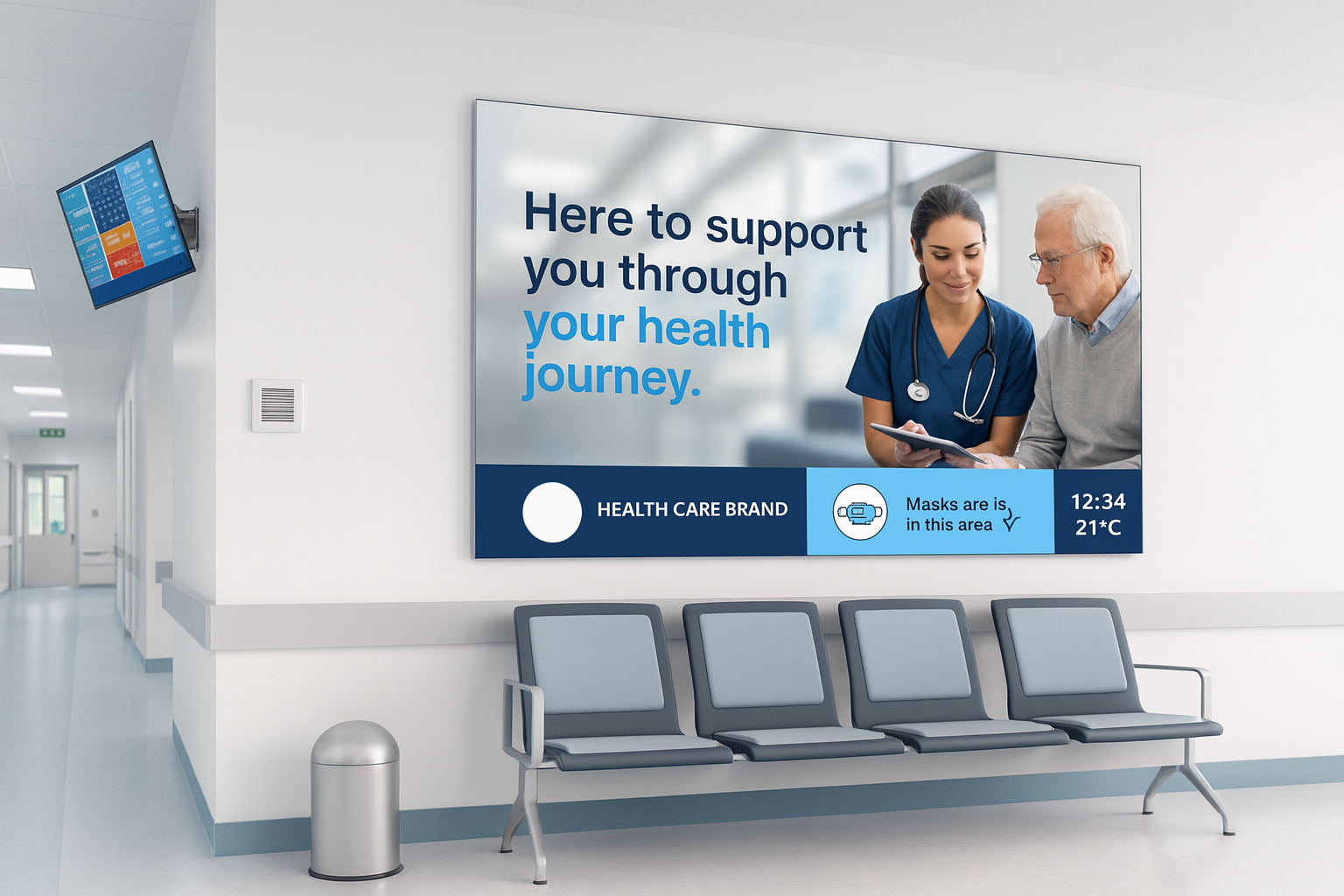 Waiting room screen showing queue and health tips