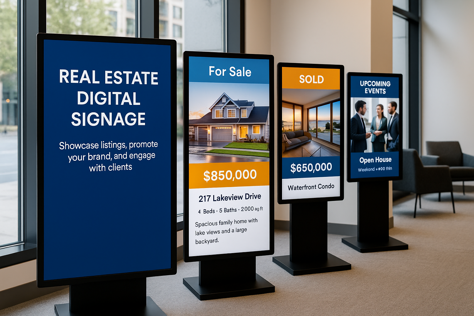 Real estate window displays showing featured listings and sold updates
