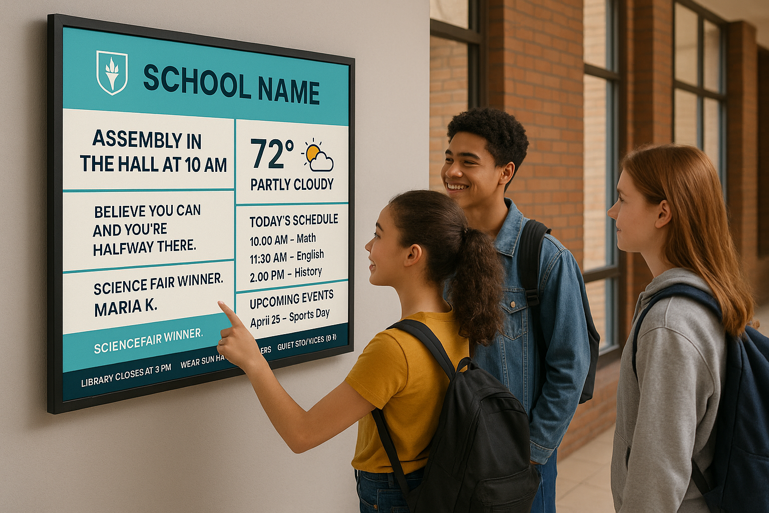 School hallway displays showing announcements and events
