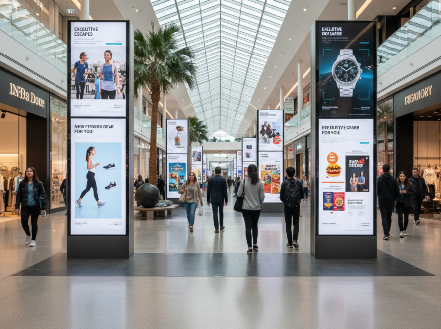 AI-powered digital signage displays in an Australian shopping mall