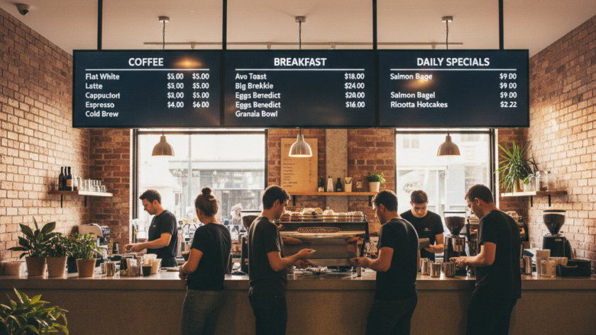 Digital menu boards above the counter at an Australian café