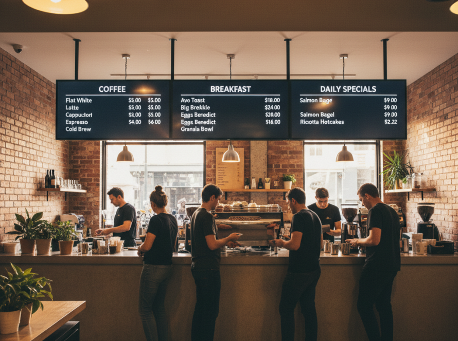 Digital menu boards above the counter at an Australian café