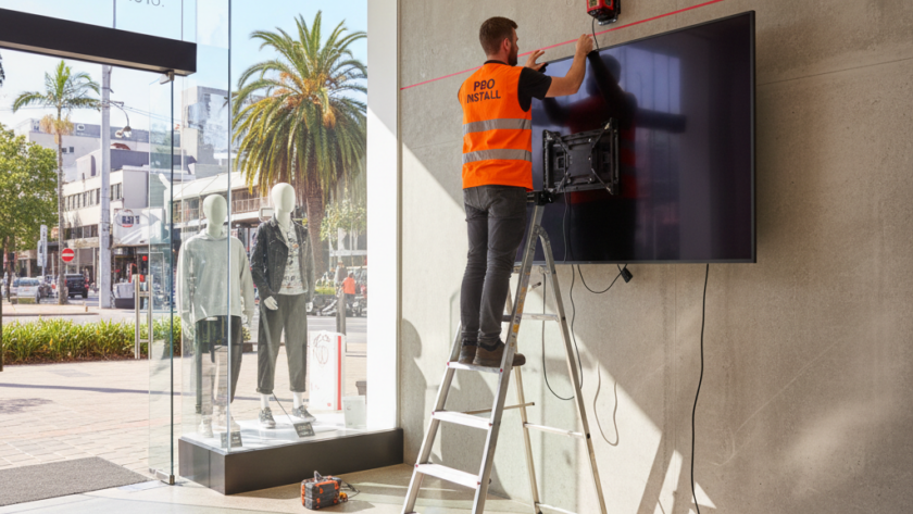 Professional installer mounting a commercial digital signage display at an Australian shopfront