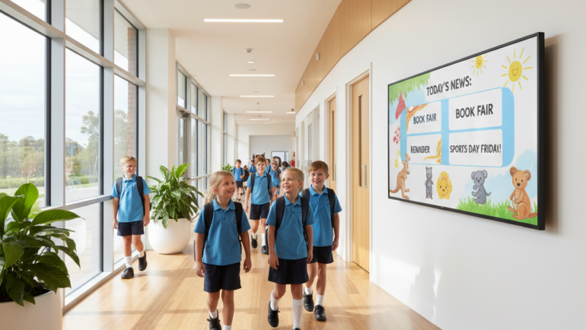 Digital signage display in an Australian primary school hallway