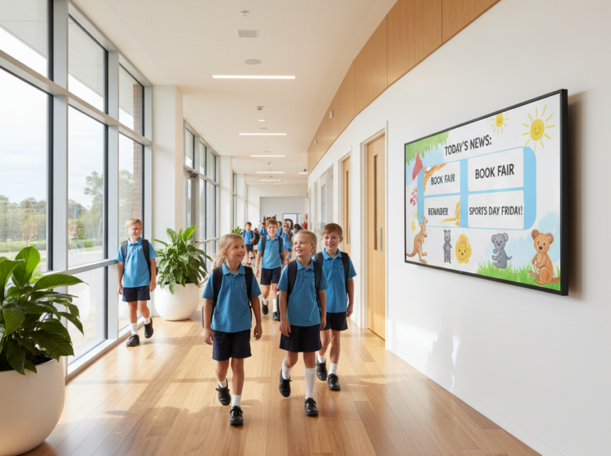 Digital signage display in an Australian primary school hallway