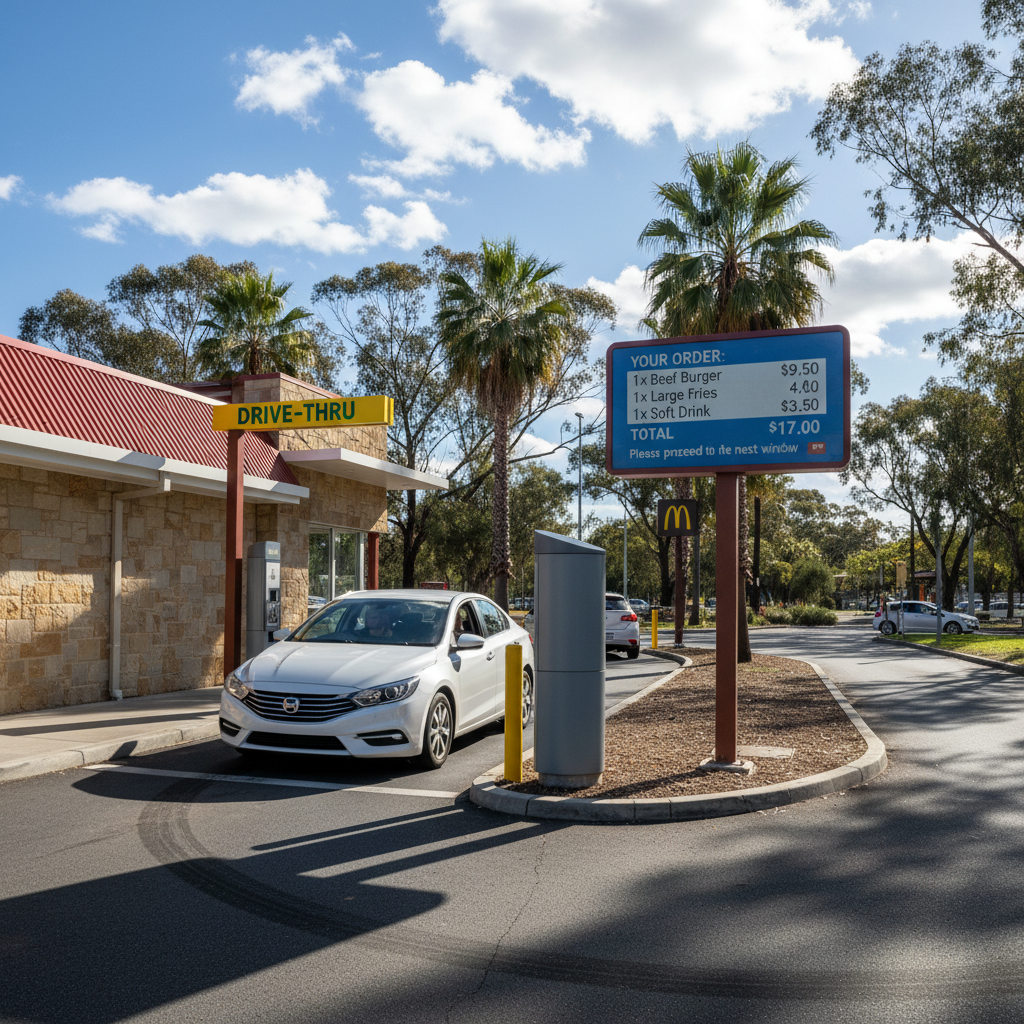 Outdoor digital order confirmation screen at an Australian drive-thru