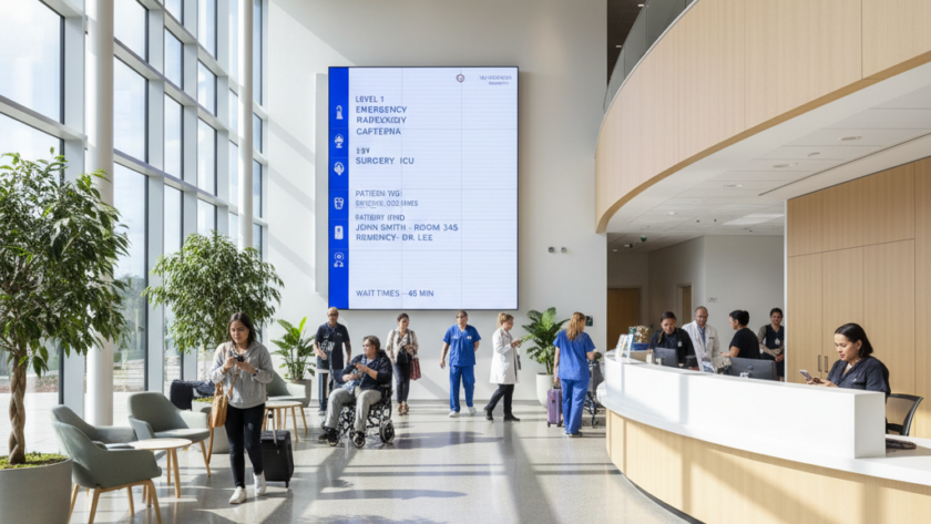 Digital signage wayfinding in an Australian hospital lobby