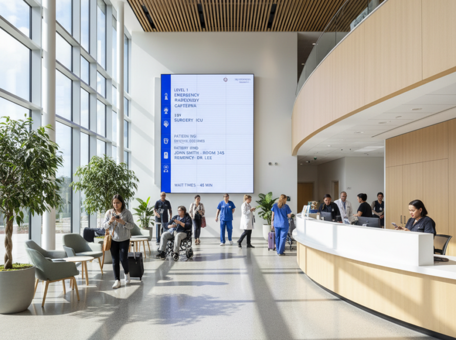 Digital signage wayfinding in an Australian hospital lobby