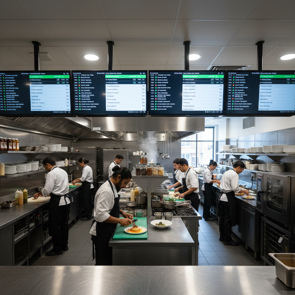 Digital kitchen display screens at restaurant prep stations