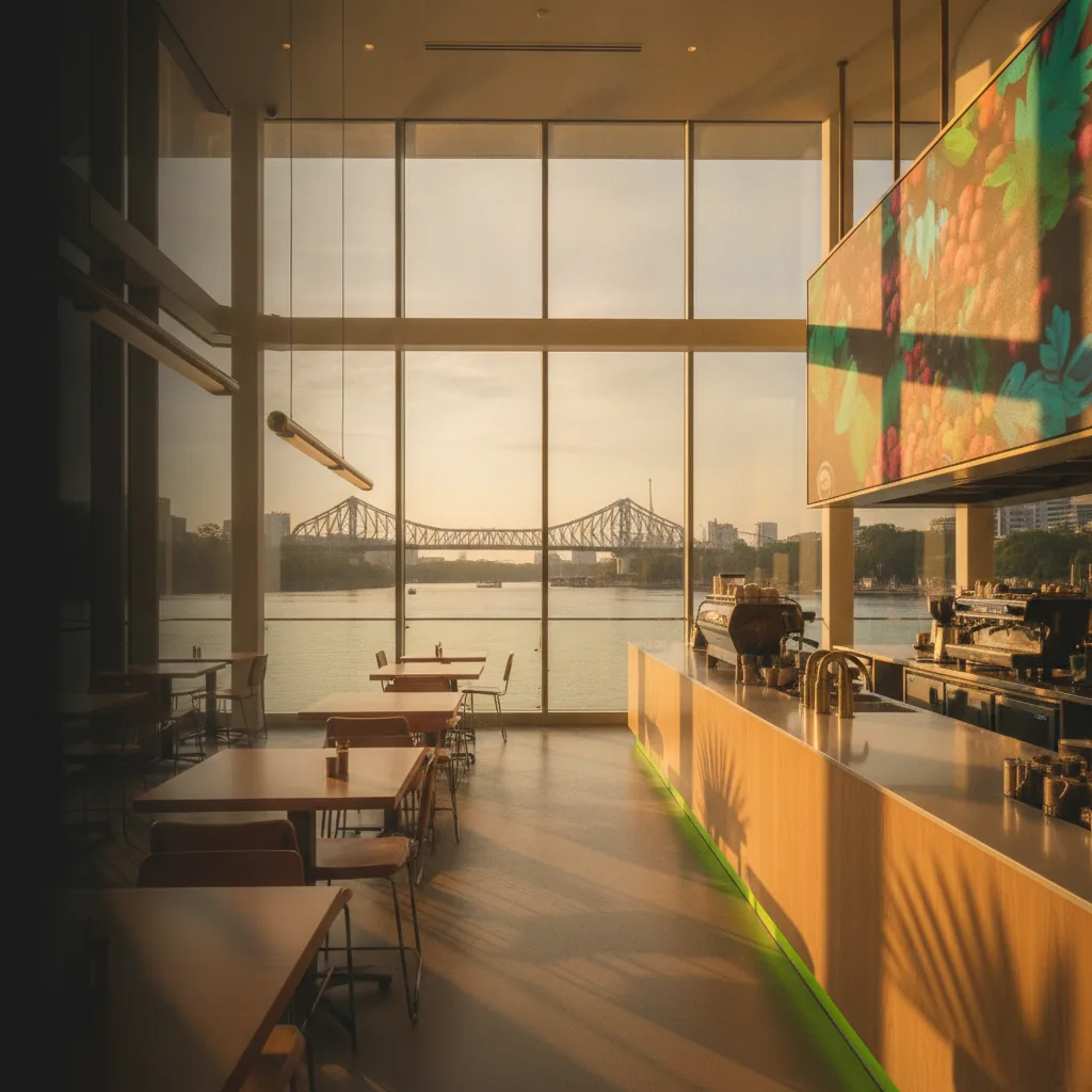 Brisbane riverside café with digital menu board
