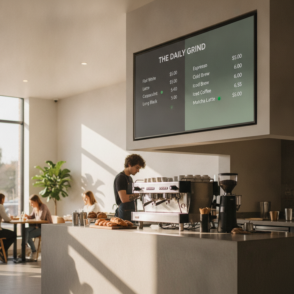 Digital menu board on a screen above a cafe counter showing coffee prices