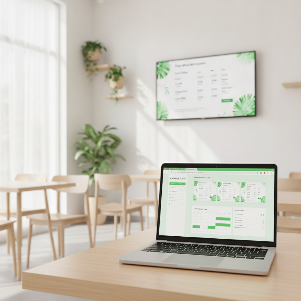 Sign Inspire web dashboard on a laptop managing a cafe menu shown on an Android TV
