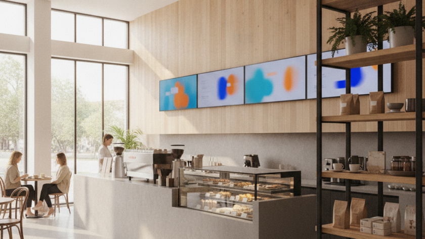 Digital signage software screens displaying menu boards in an Australian cafe