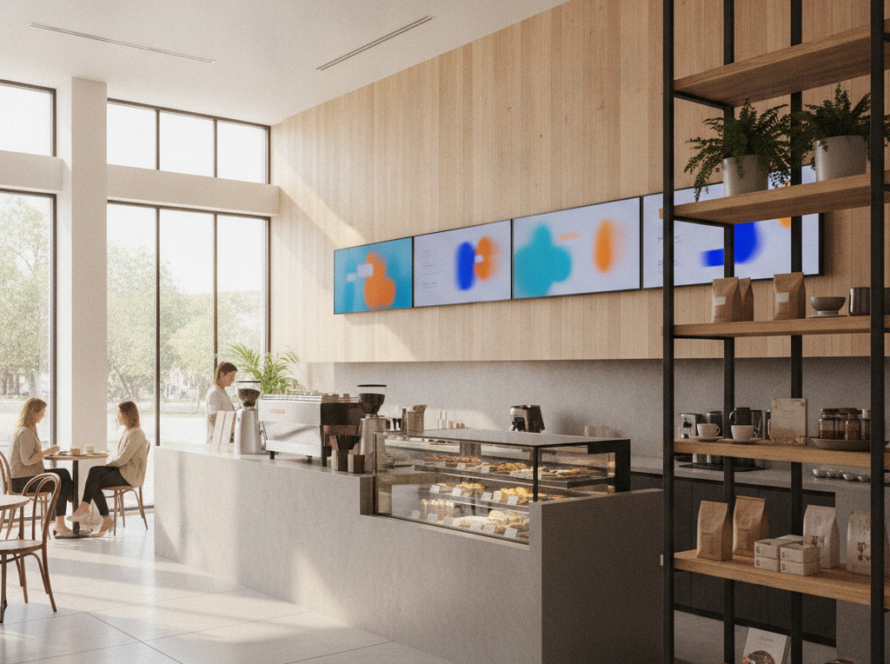 Digital signage software screens displaying menu boards in an Australian cafe