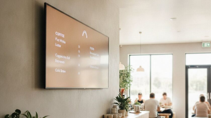 Digital menu board mounted on the wall of a modern Australian cafe showing a coffee and food menu