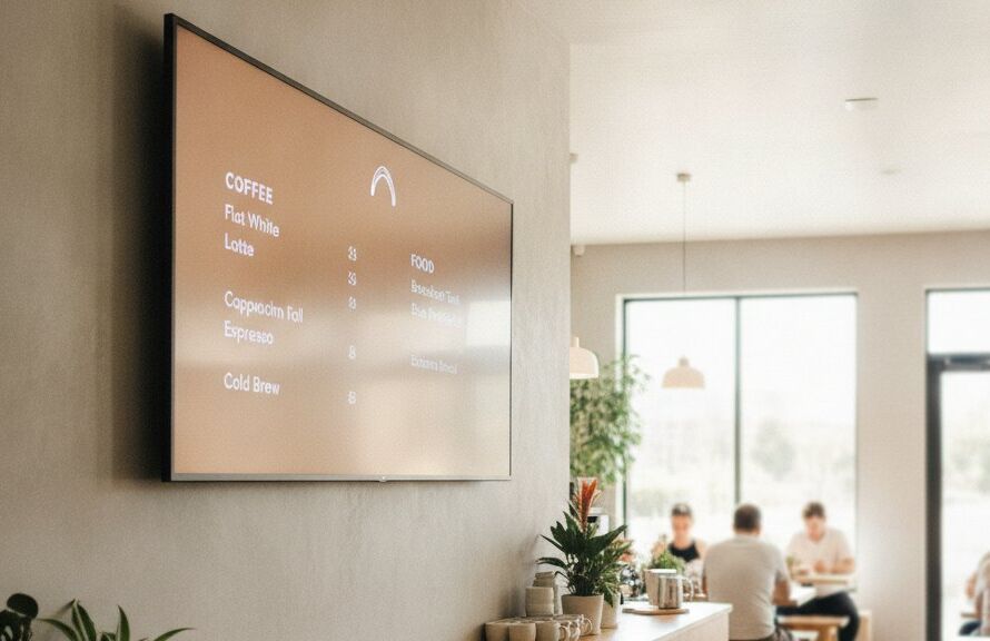 Digital menu board mounted on the wall of a modern Australian cafe showing a coffee and food menu