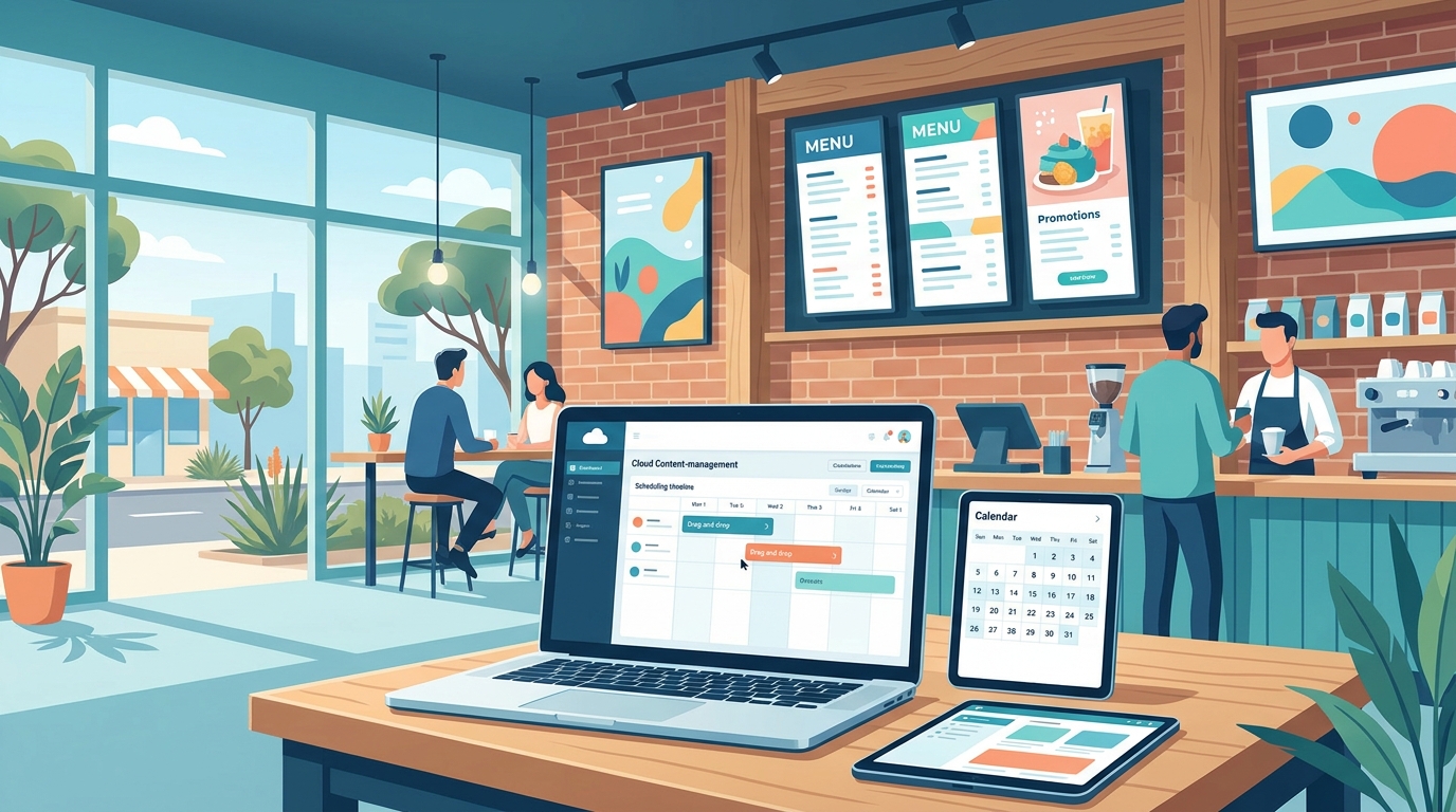 Choosing digital signage software in Australia — cafe menu boards with a cloud scheduling dashboard