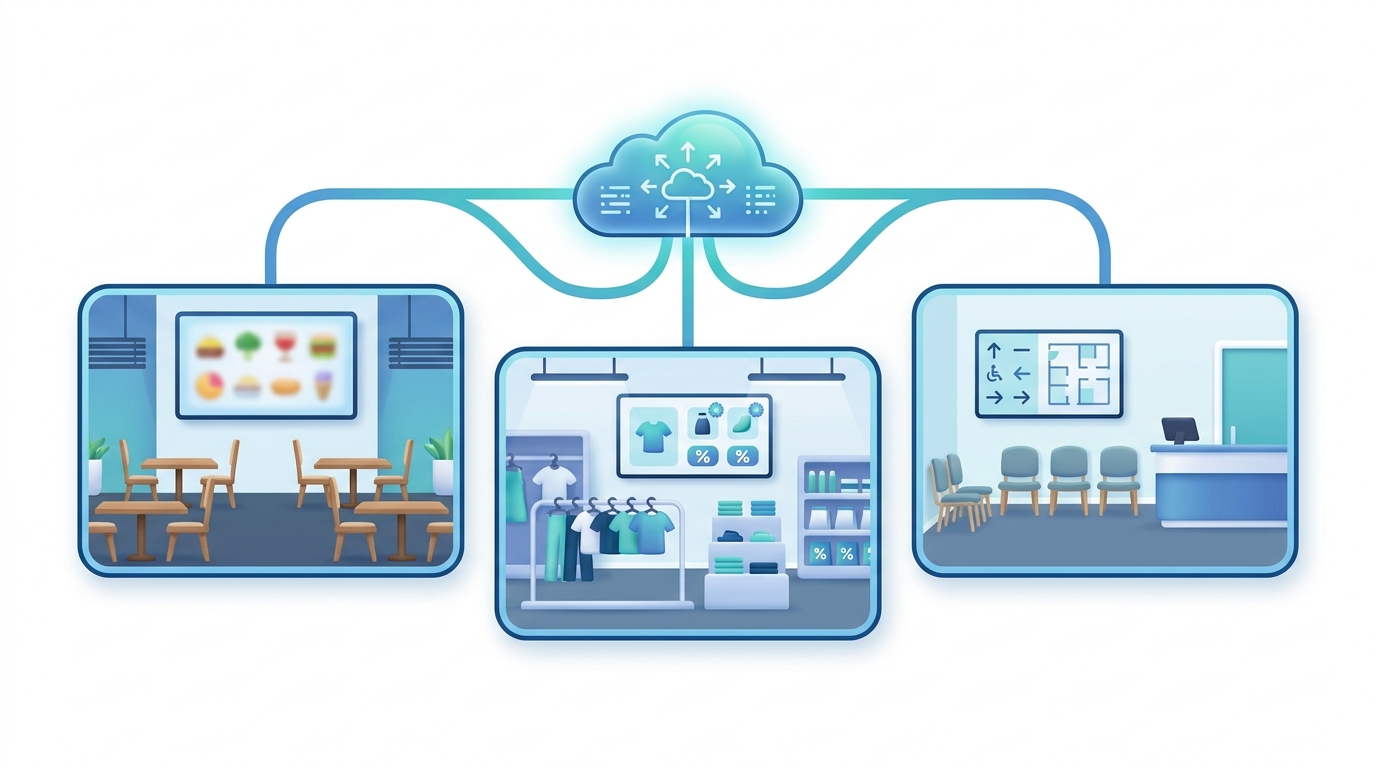 Multi-site digital signage management across restaurant, retail and medical venues from one cloud platform